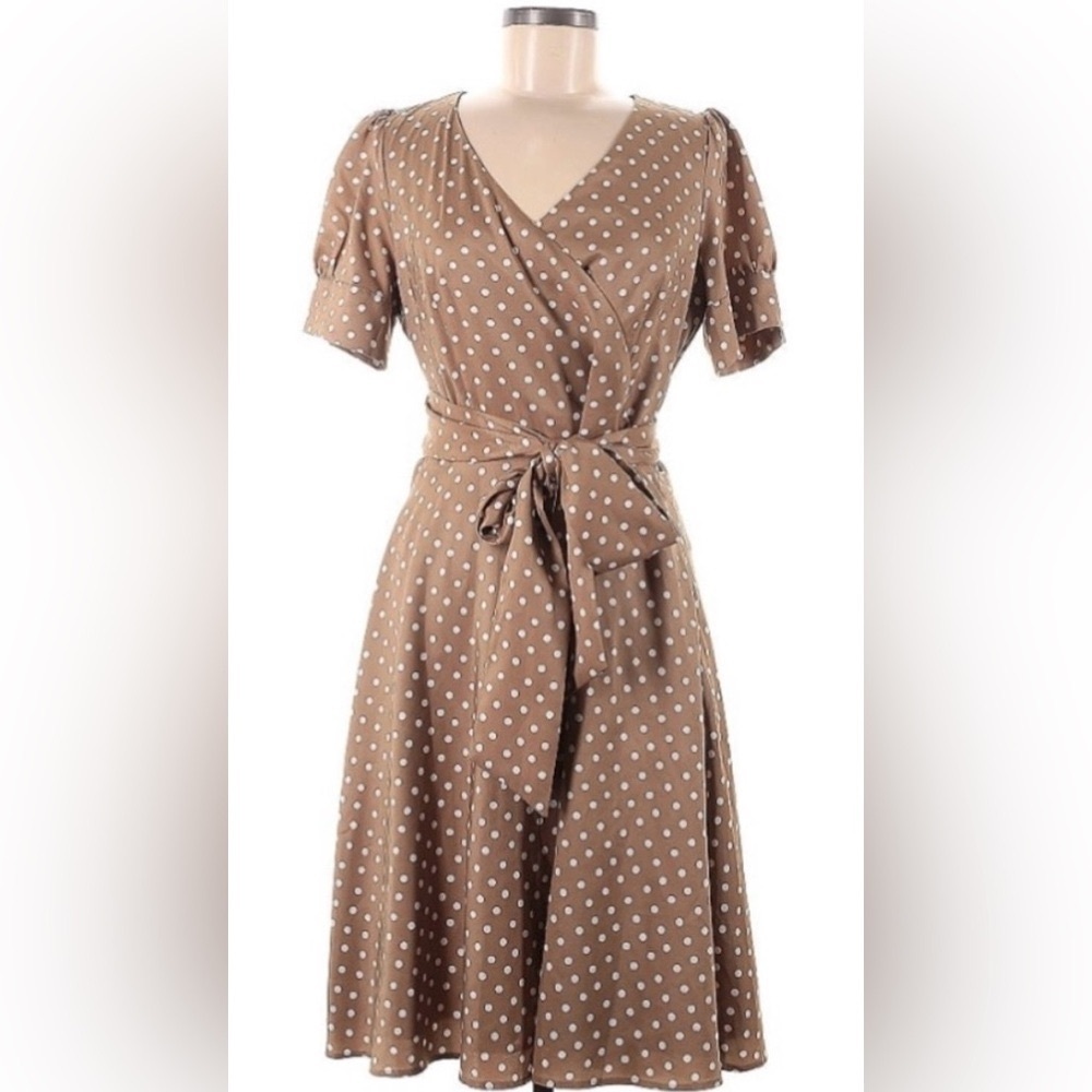 VENUS Tan and White Polka Dot Wrap Midi Dress